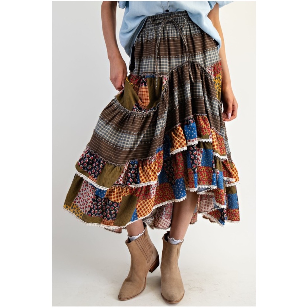 easel Patchwork Maxi Skirt in Brown, Olive, Blue, Rust